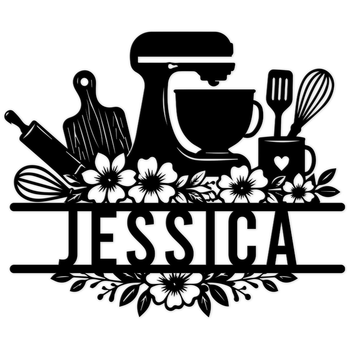 Custom baker metal sign with stand mixer, mixing bowl, rolling pin, spatula, whisk, cup, and floral accents
