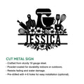 Baking kitchen metal sign featuring baking tools, a stand mixer, flowers, and bold personalized-style lettering