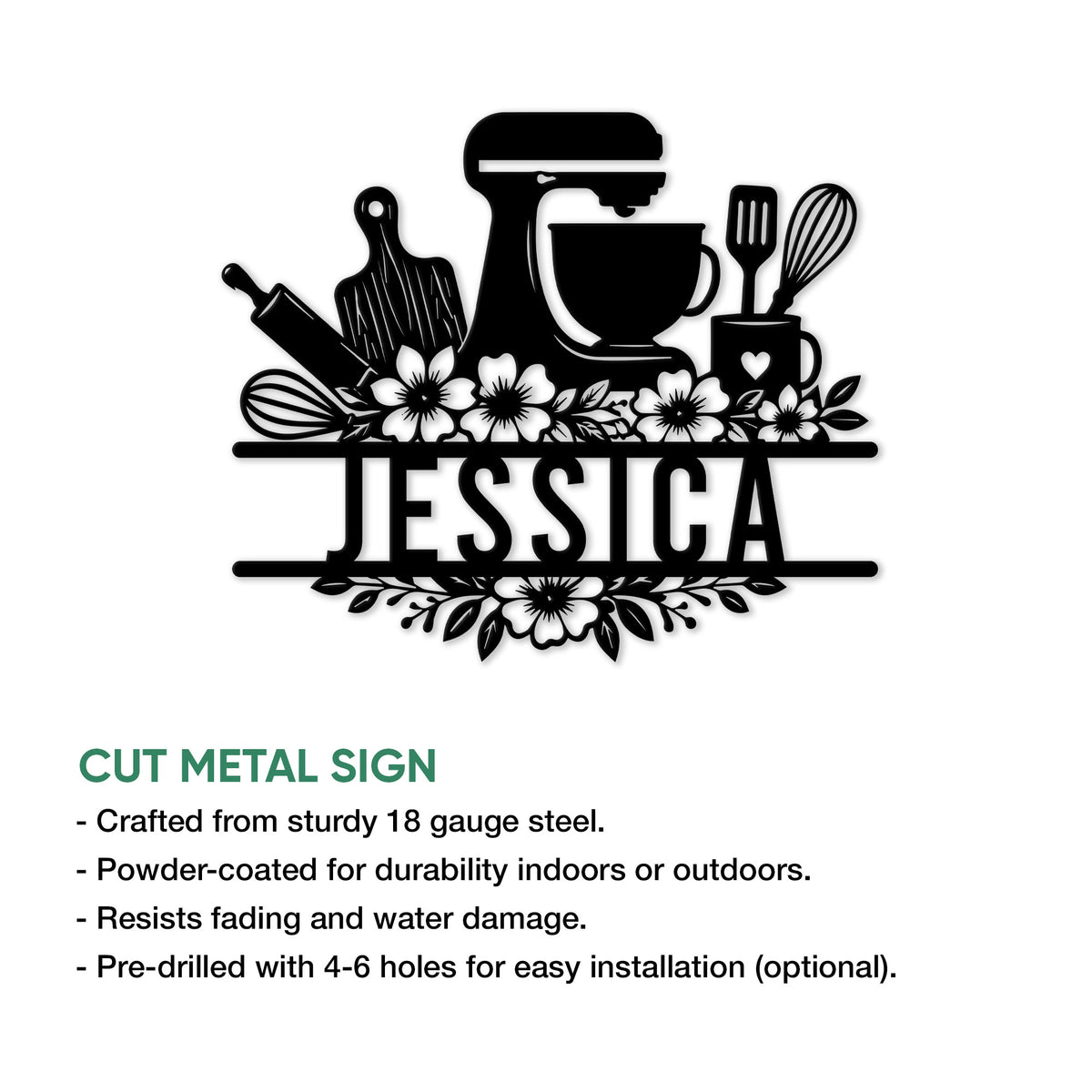 Baking kitchen metal sign featuring baking tools, a stand mixer, flowers, and bold personalized-style lettering