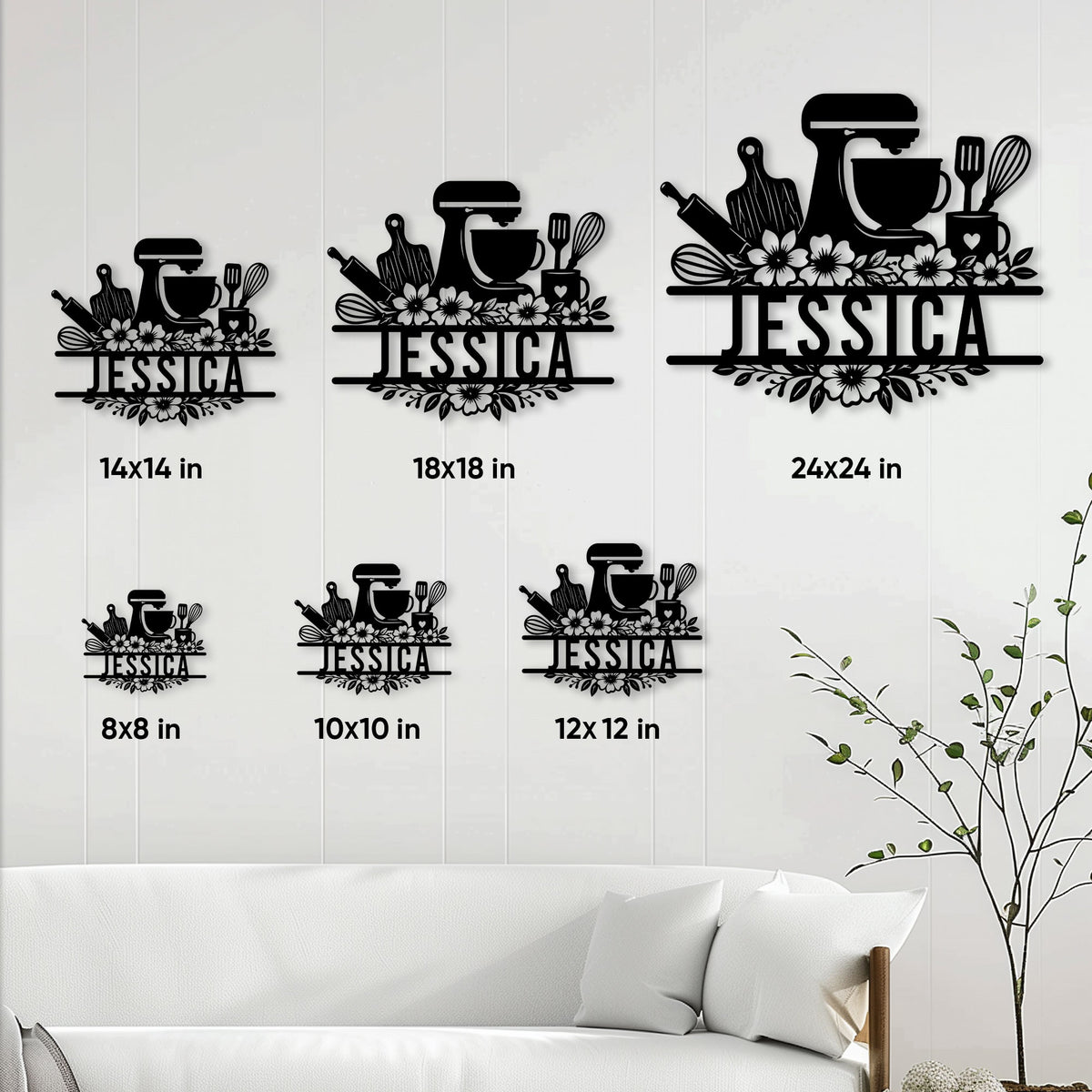 Baker metal sign size guide showing six square size options from 8 by 8 to 24 by 24 inches