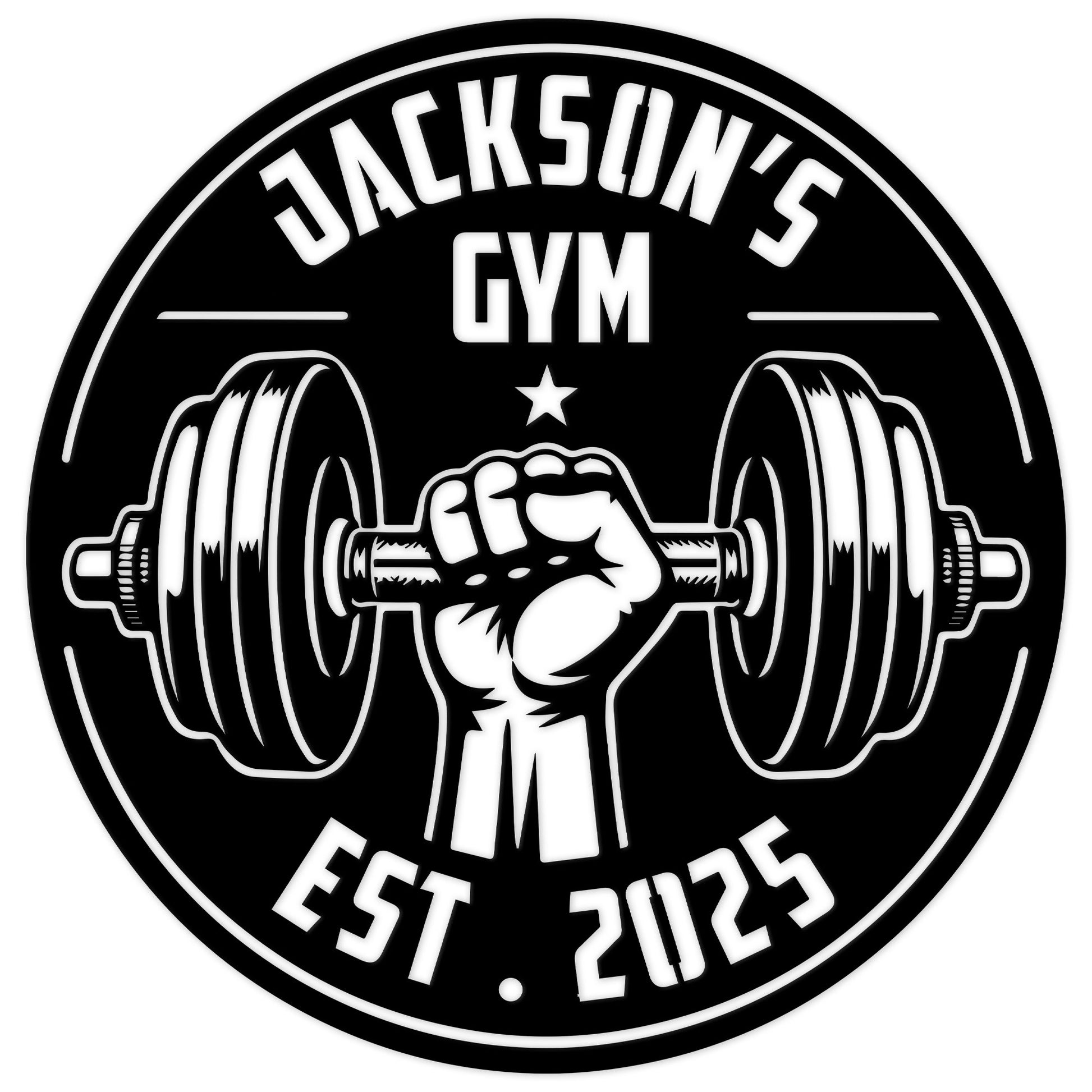 Custom weightlifting metal sign featuring a raised fist gripping a barbell inside a bold gym emblem