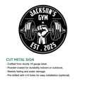 Weightlifting metal sign feature graphic showing a round barbell-and-fist gym design with product details