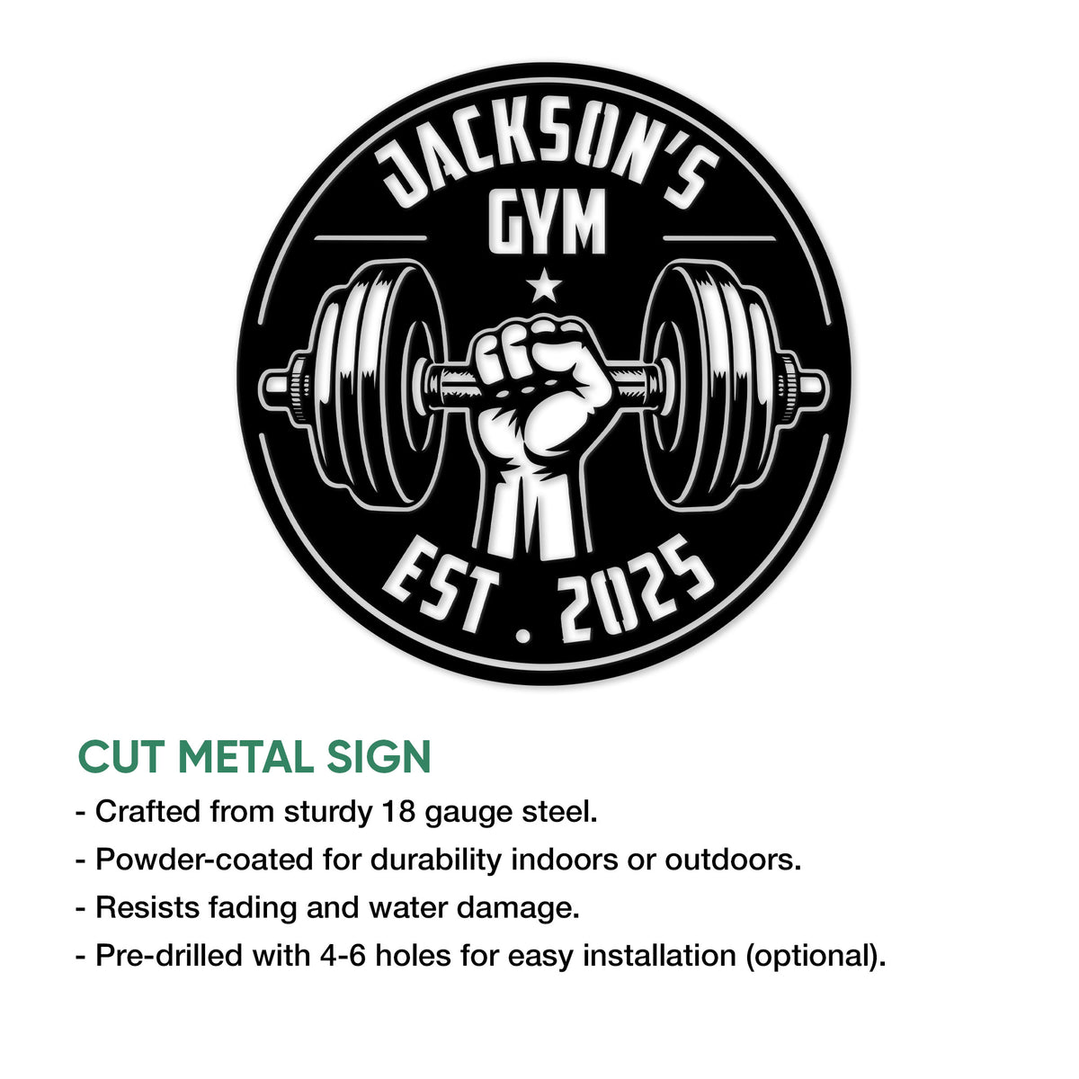 Weightlifting metal sign feature graphic showing a round barbell-and-fist gym design with product details