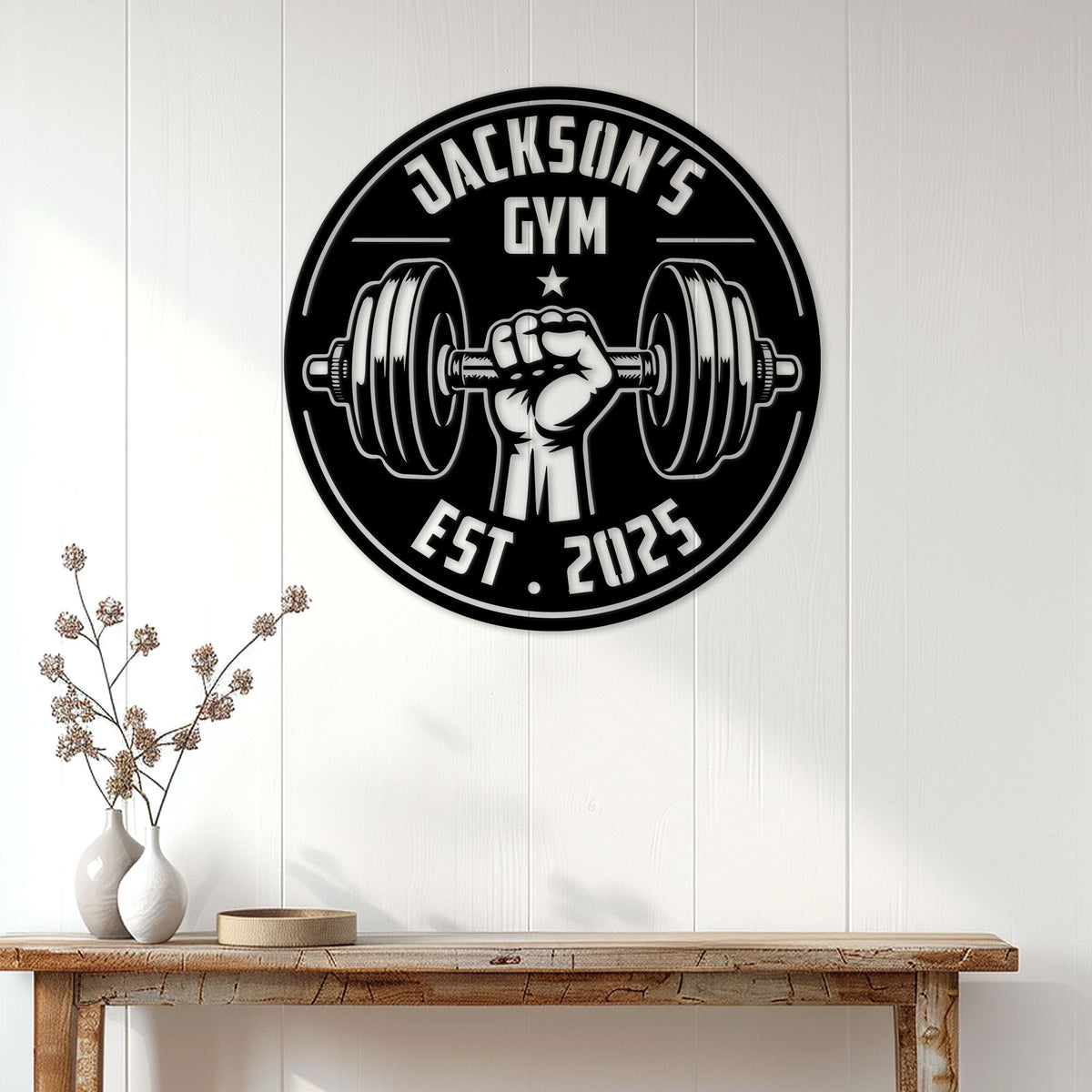 Weightlifting gym metal sign displayed on a light paneled wall above a rustic console table