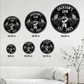 Round weightlifting metal sign size guide showing six available dimensions from compact to large