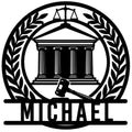 Lawyer metal sign featuring scales of justice, a courthouse, gavel, and laurel wreath design