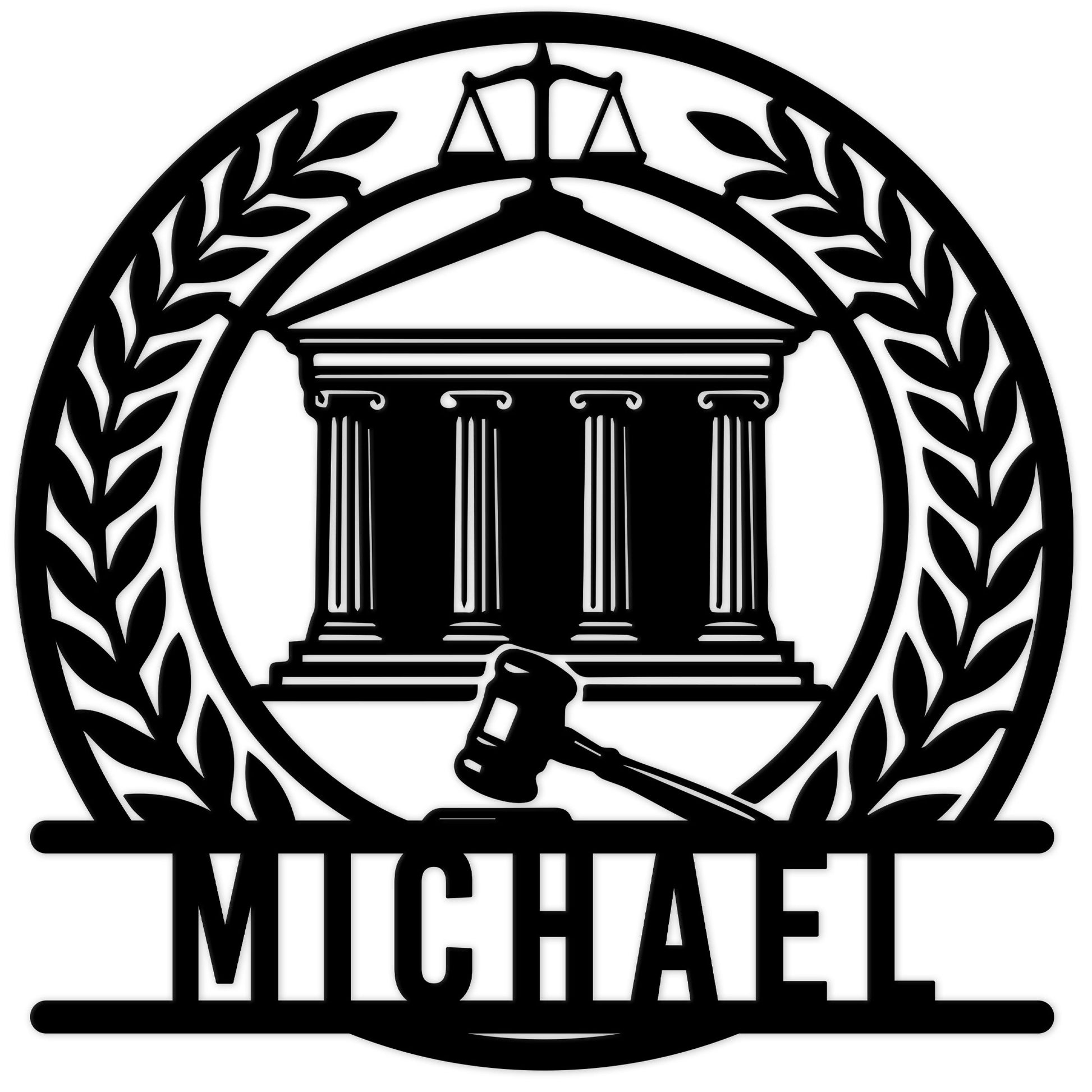 Lawyer metal sign featuring scales of justice, a courthouse, gavel, and laurel wreath design