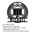 Lawyer metal sign product feature showing a courthouse, scales of justice, gavel, and wreath