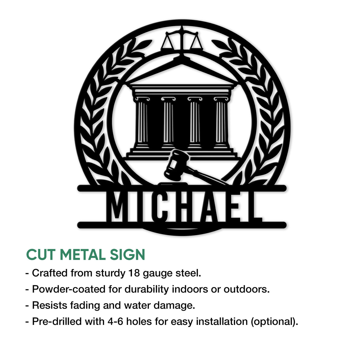 Lawyer metal sign product feature showing a courthouse, scales of justice, gavel, and wreath