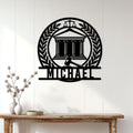 Custom attorney wall sign displayed above a console table in a bright office or home setting