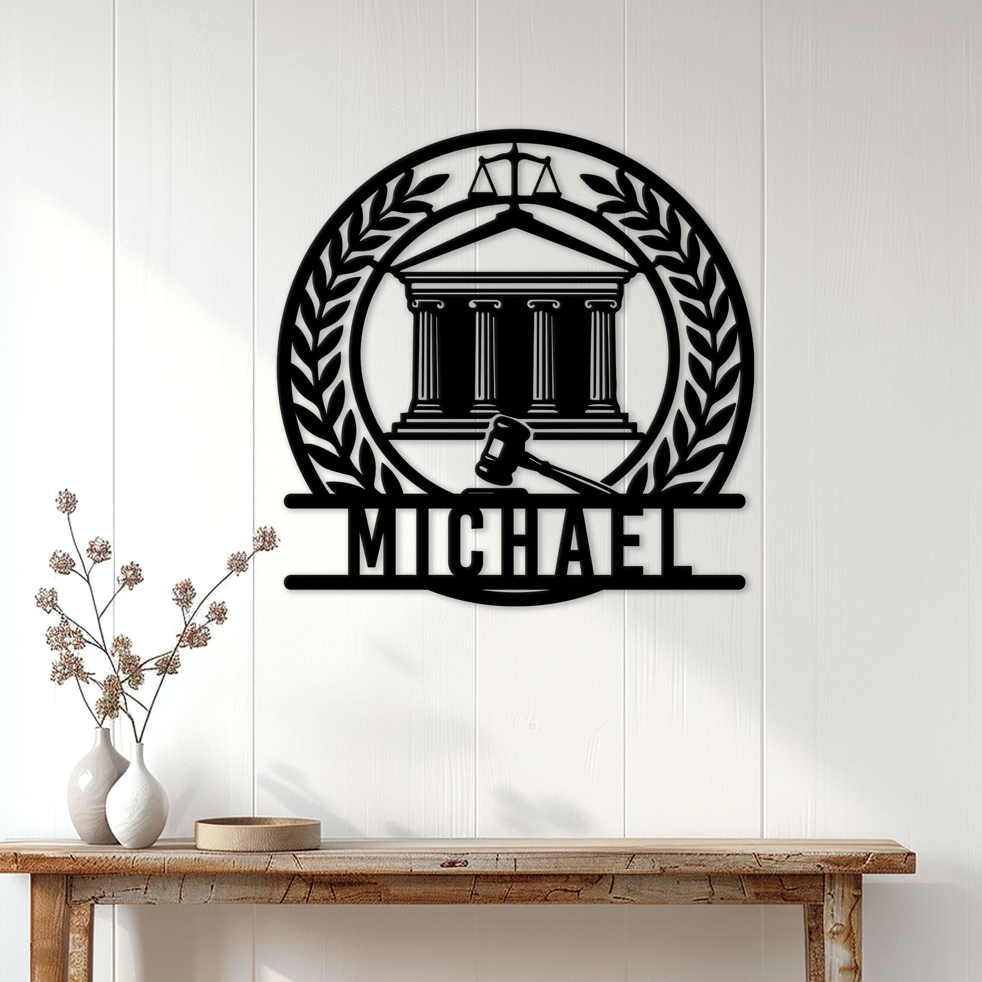 Custom attorney wall sign displayed above a console table in a bright office or home setting