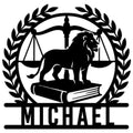 Custom lawyer metal sign featuring a lion, scales of justice, law book, and laurel wreath
