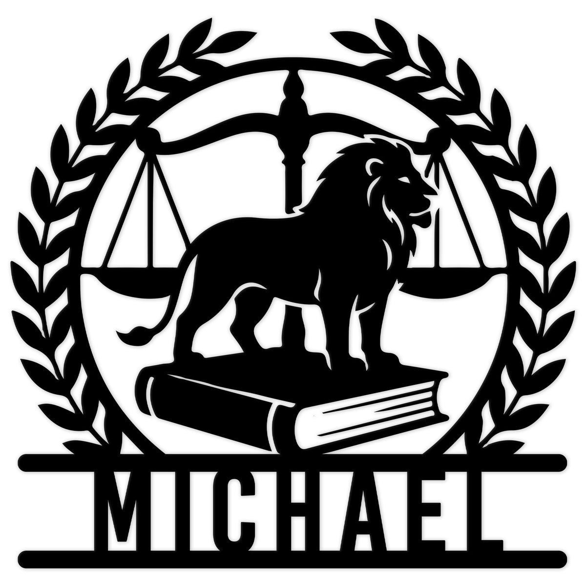 Custom lawyer metal sign featuring a lion, scales of justice, law book, and laurel wreath