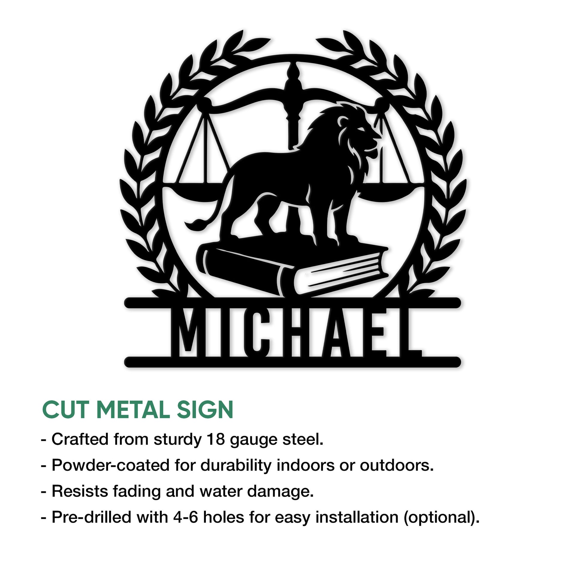 Law office metal sign displaying a lion and scales of justice above a law book