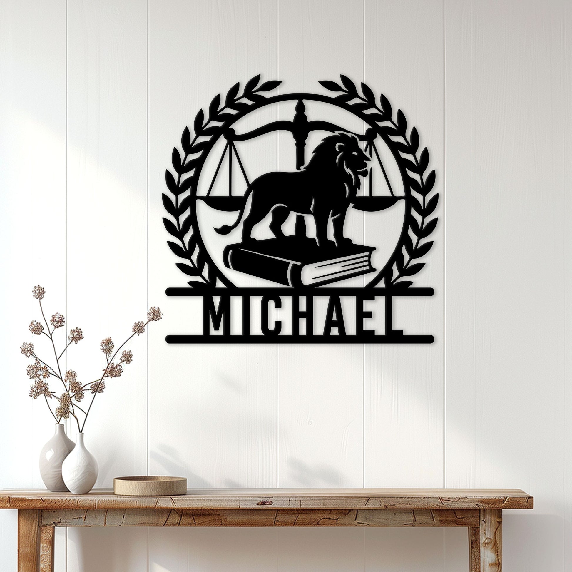 Lawyer wall decor styled on a bright paneled wall with a lion and legal scales design