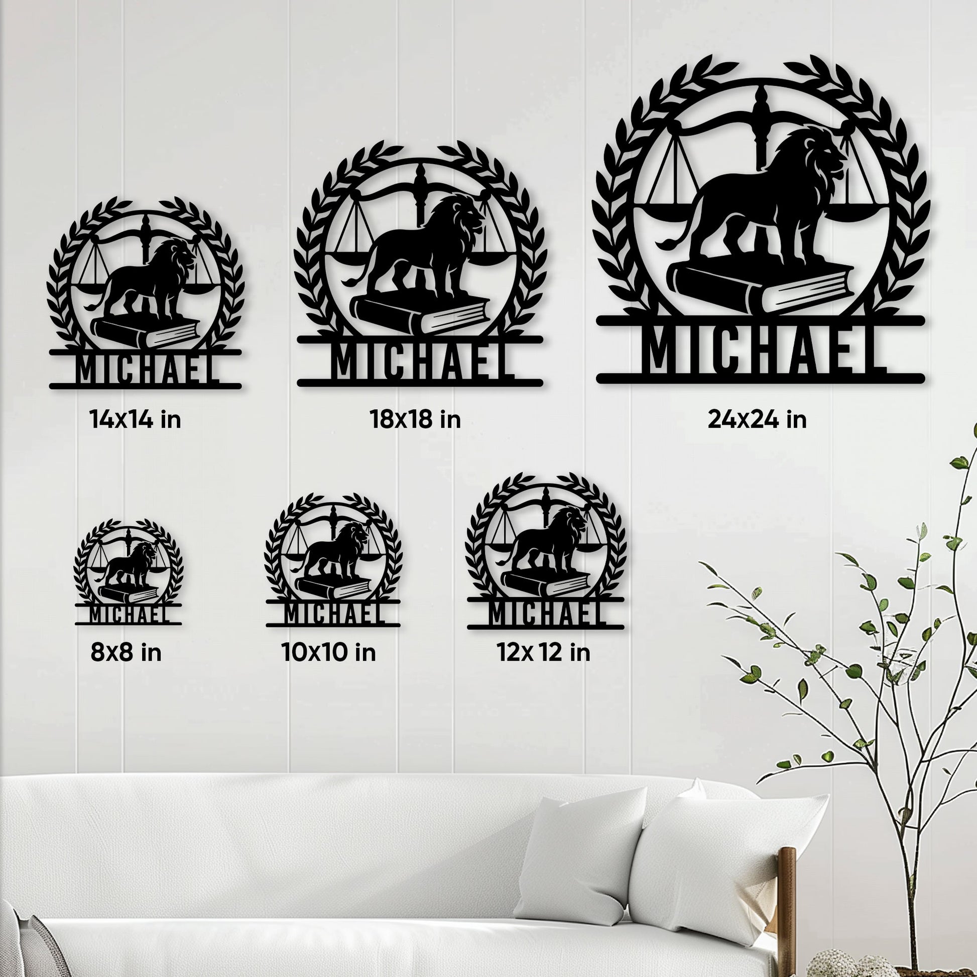 Lawyer metal sign size guide showing six available square dimensions from 8 by 8 to 24 by 24 inches