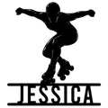Black silhouette of a roller skater performing a dramatic move on a custom metal sign