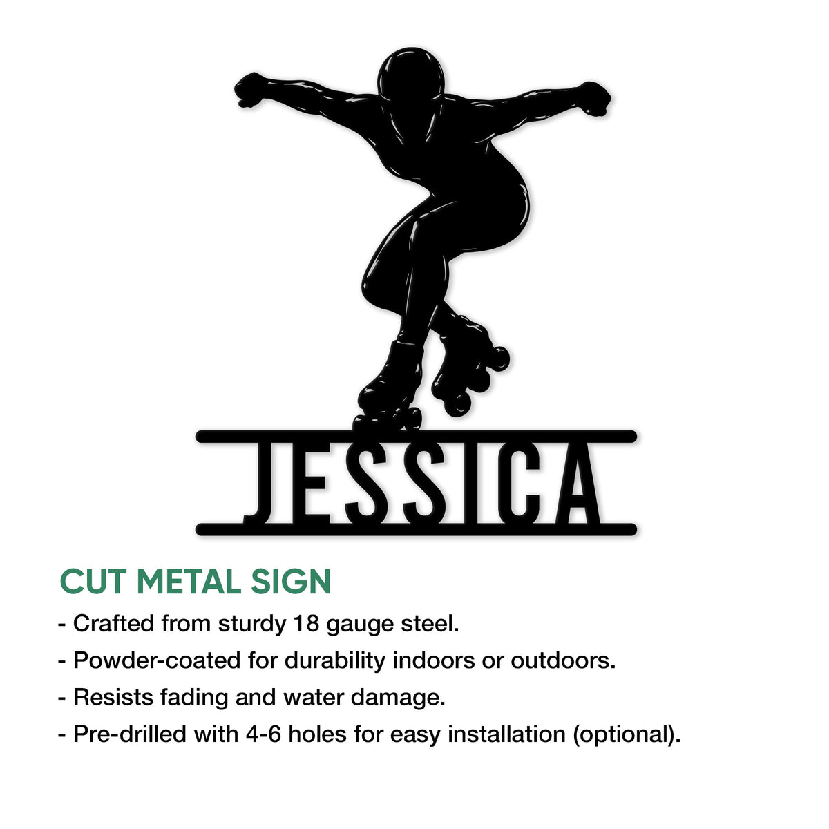 Roller skating metal sign featuring a bold skater silhouette and cut metal sign details