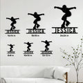 Roller skating metal sign shown in multiple size options above a white sofa