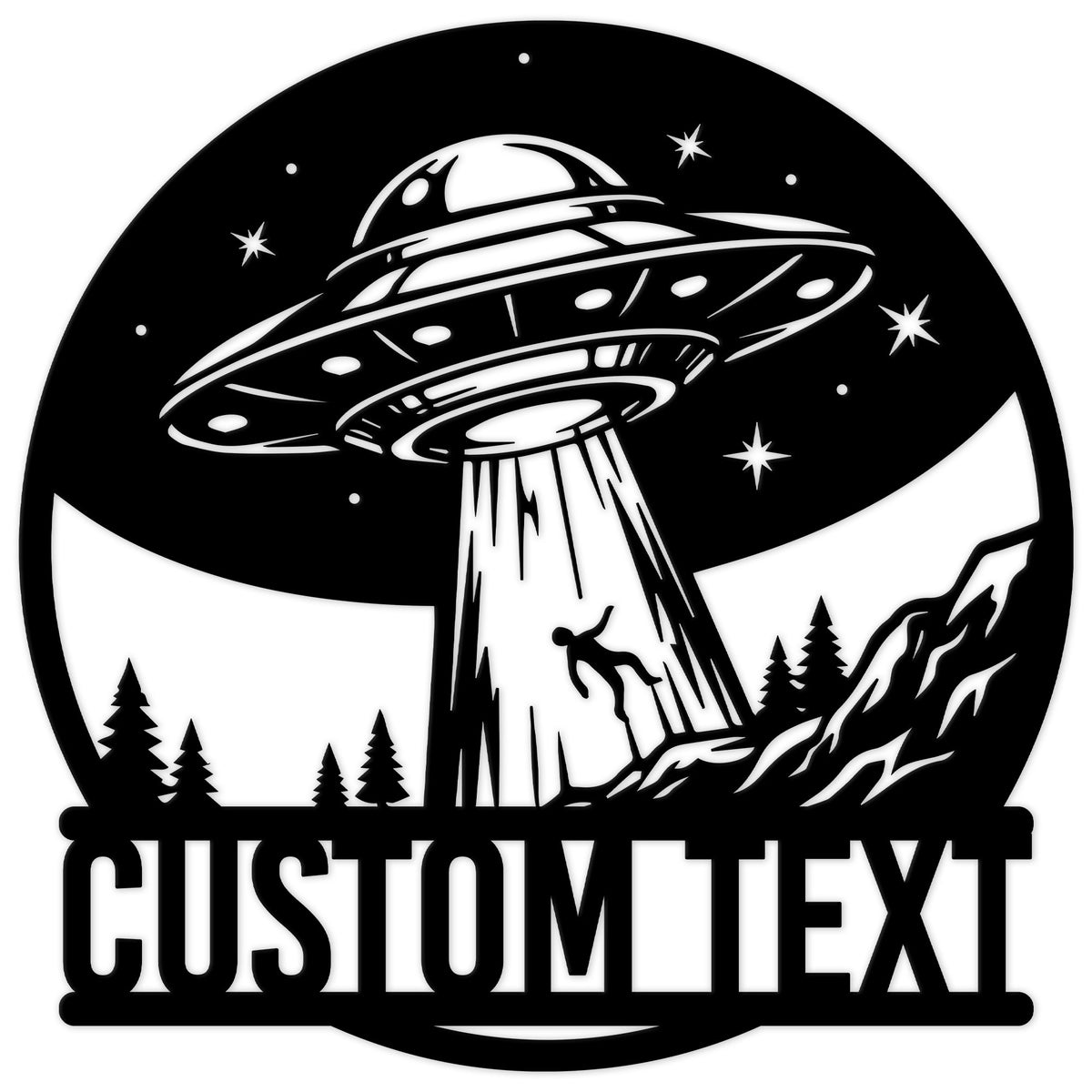 UFO metal sign featuring a flying saucer beaming up a figure over a forest and mountain landscape