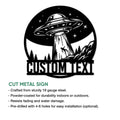 UFO metal sign feature graphic showing the flying saucer, forest abduction scene, and product presentation details