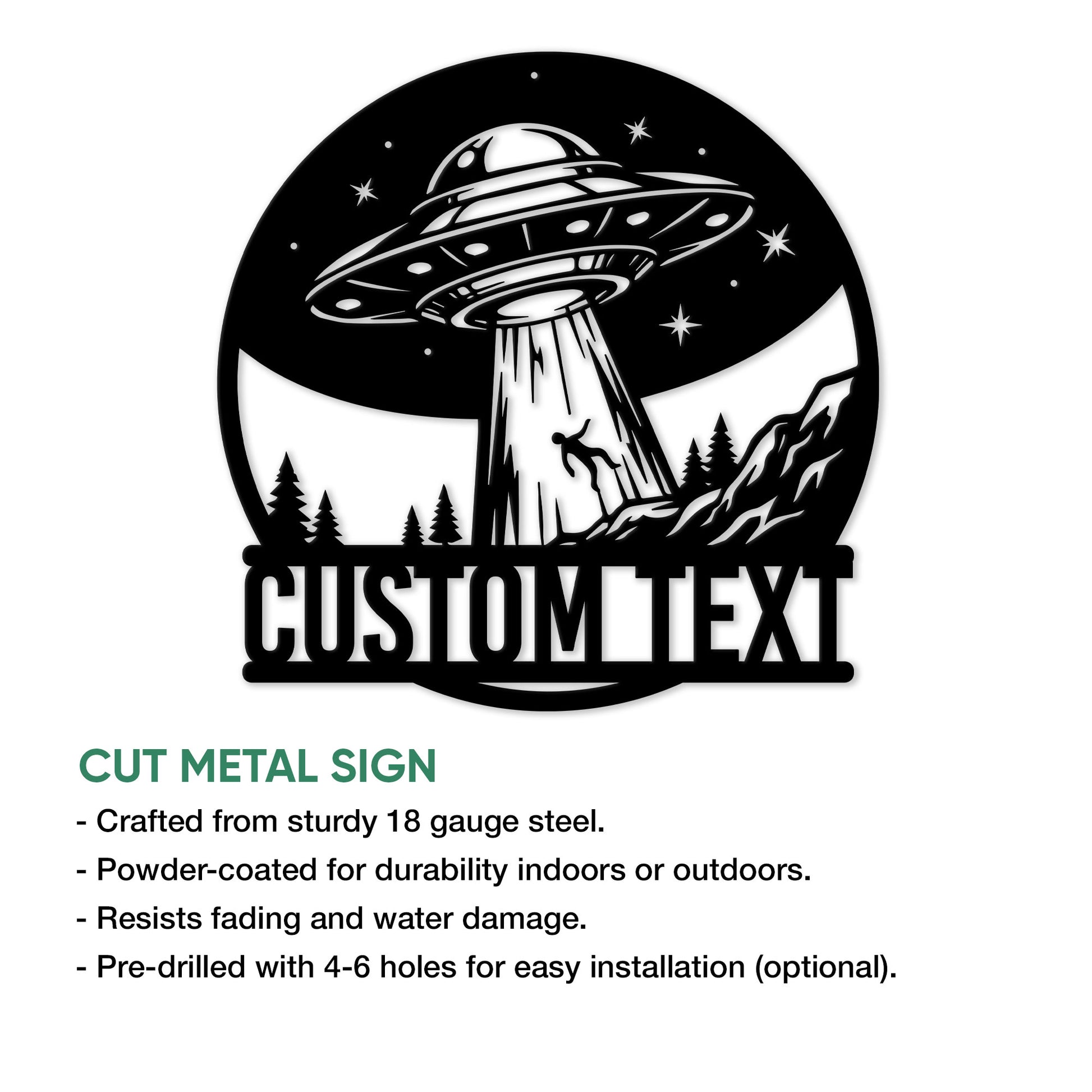 UFO metal sign feature graphic showing the flying saucer, forest abduction scene, and product presentation details