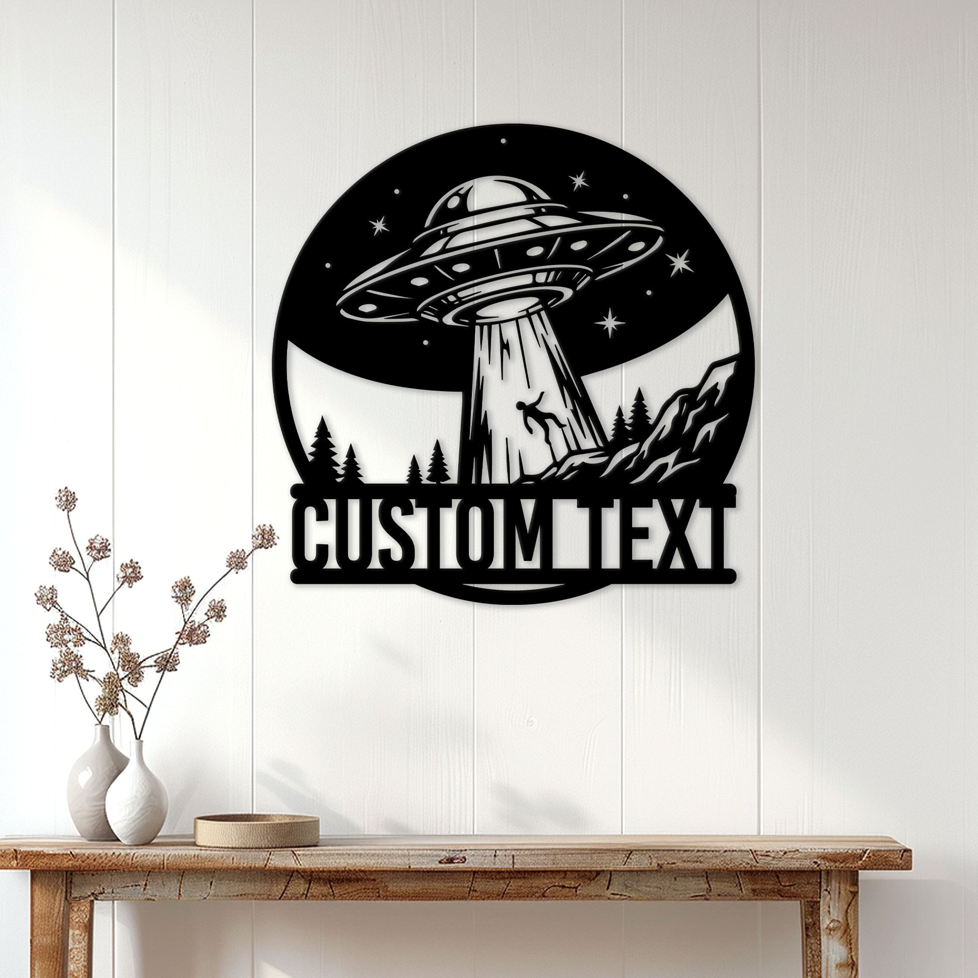 UFO wall sign displayed on a bright paneled wall above a wooden console table