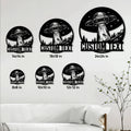 UFO metal sign size guide showing multiple square size options displayed on a living room wall