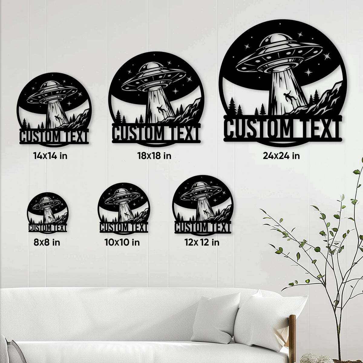 UFO metal sign size guide showing multiple square size options displayed on a living room wall