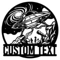 Custom UFO metal sign featuring a flying saucer, alien figures, telescope, mountains, and a starry sky