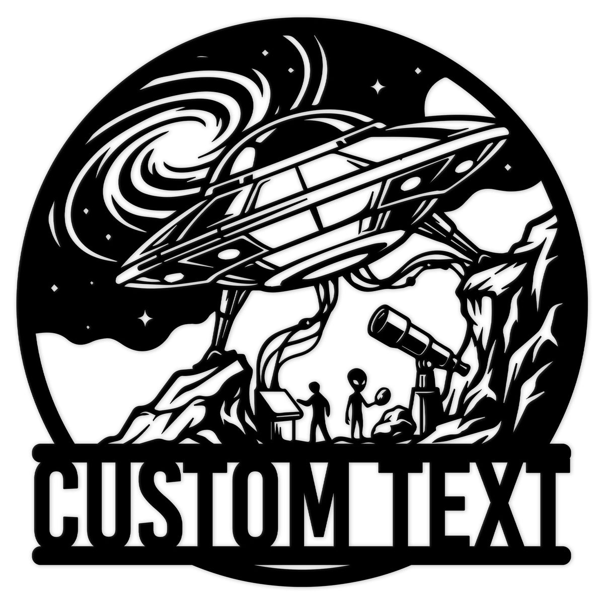 Custom UFO metal sign featuring a flying saucer, alien figures, telescope, mountains, and a starry sky