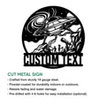 UFO cut metal sign feature graphic showing a flying saucer, alien encounter scene, and telescope