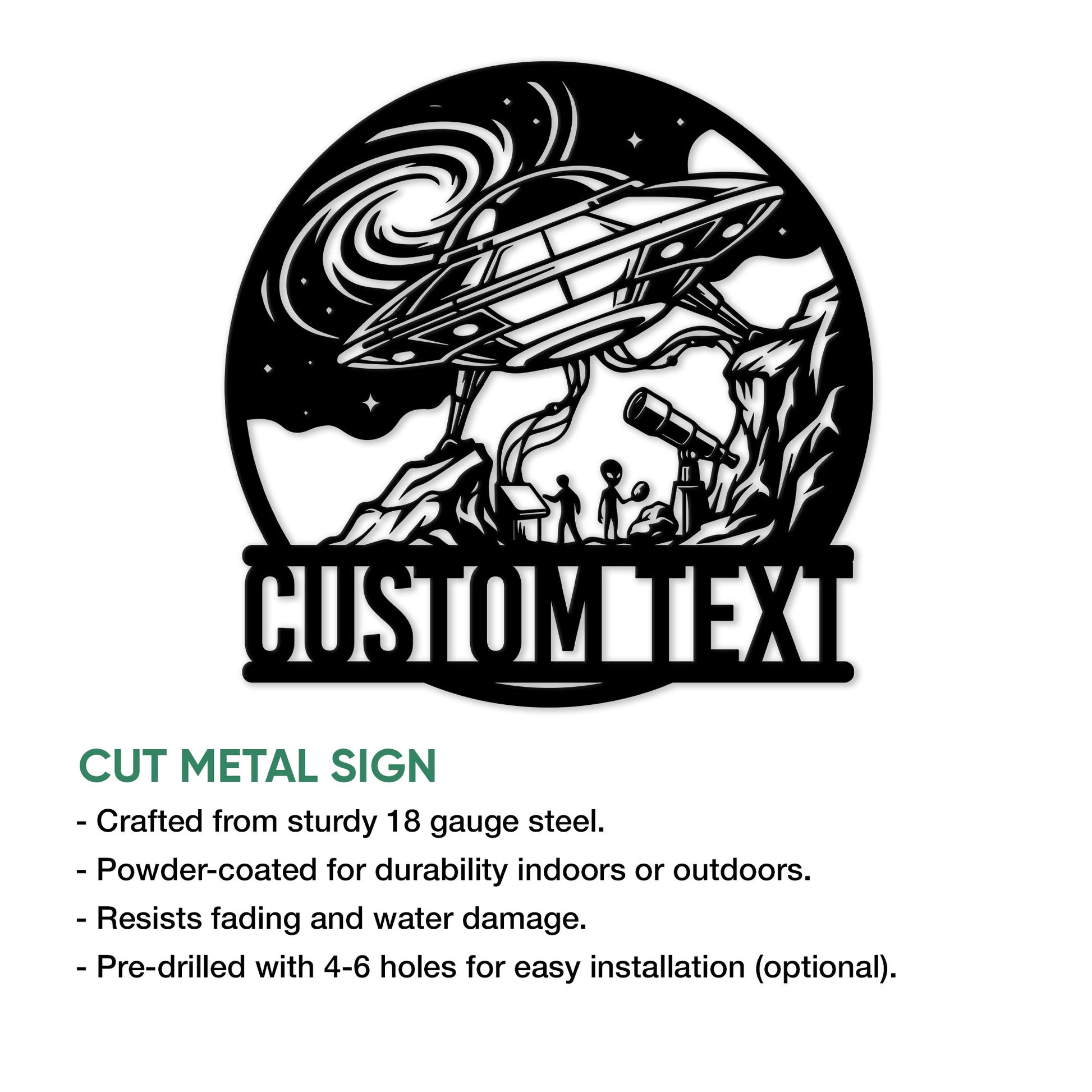 UFO cut metal sign feature graphic showing a flying saucer, alien encounter scene, and telescope