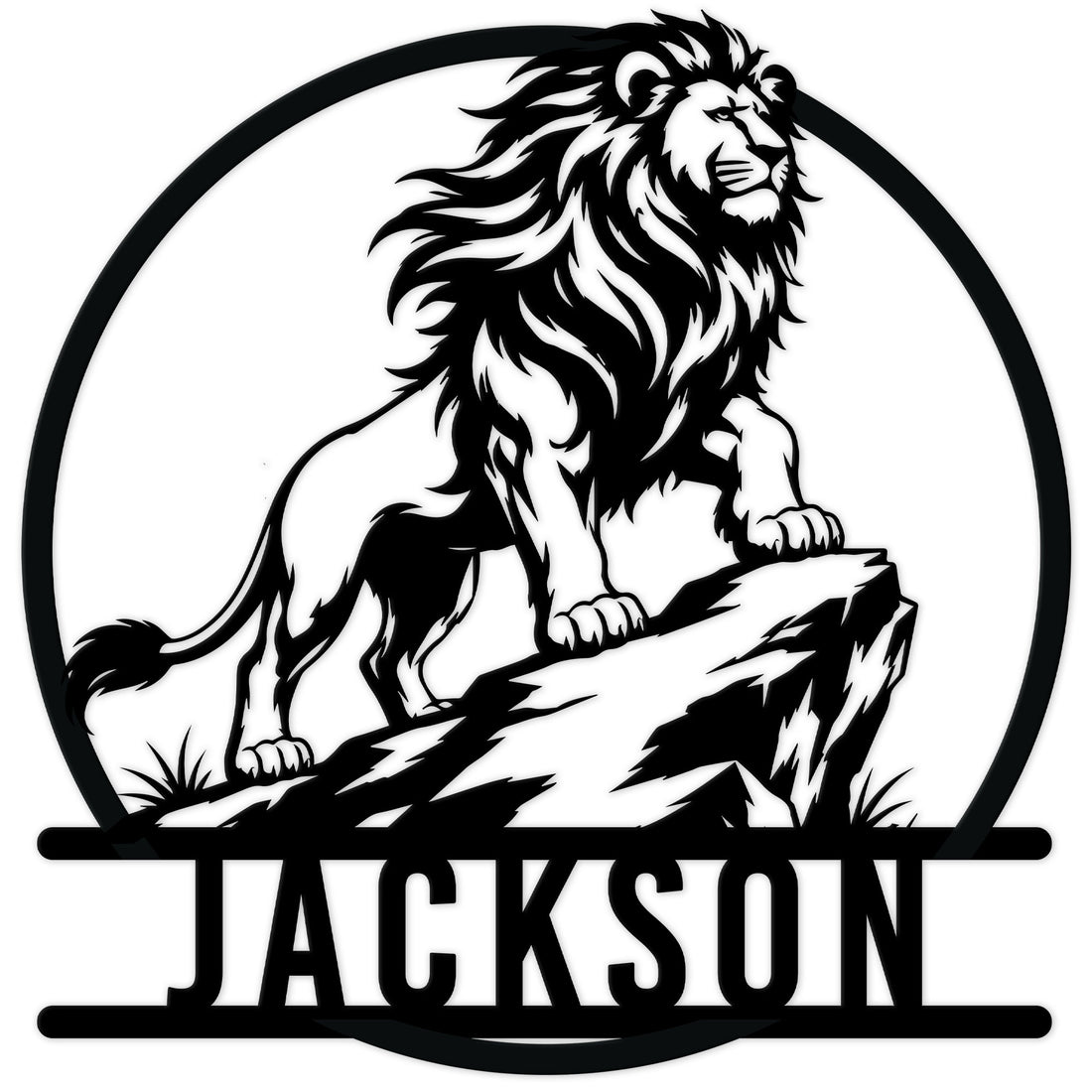 Bold lion standing on a rocky ledge inside a circular frame on a custom metal sign