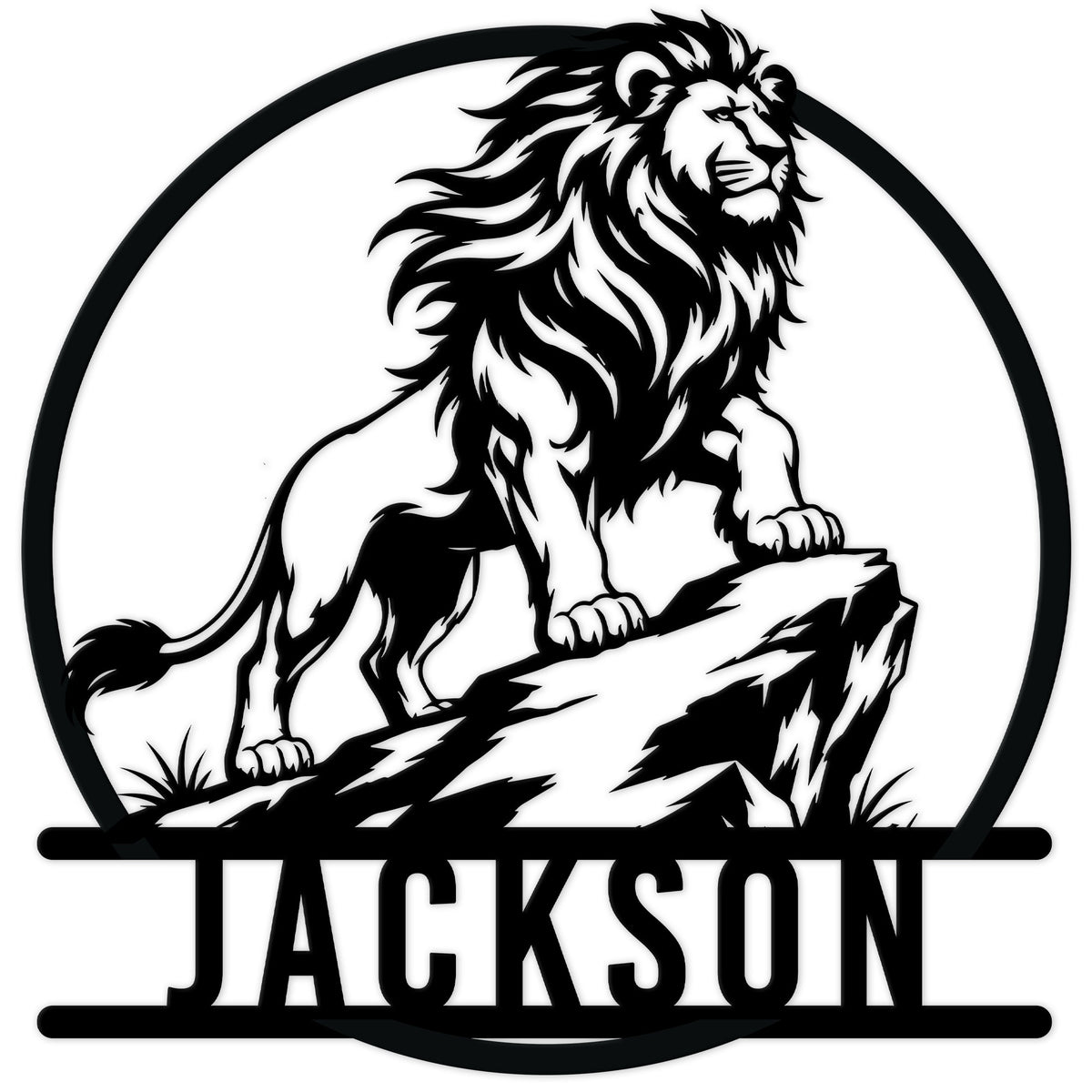Bold lion standing on a rocky ledge inside a circular frame on a custom metal sign