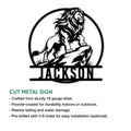 Lion cut metal sign shown with product feature information and a strong circular wildlife design