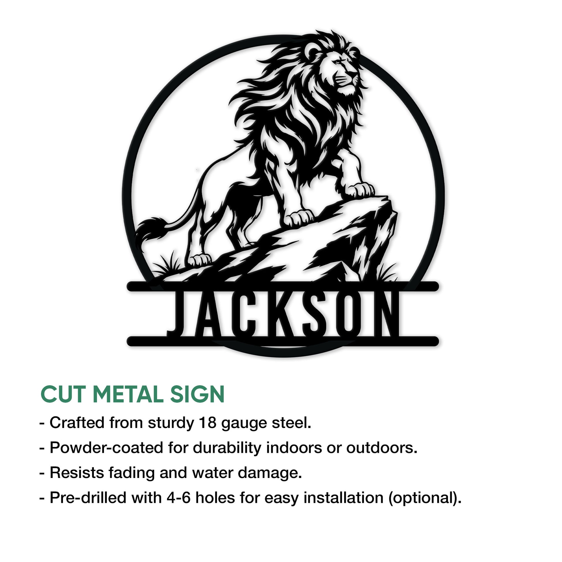 Lion cut metal sign shown with product feature information and a strong circular wildlife design