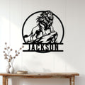 Custom lion metal sign displayed as statement wall decor in a bright home entryway