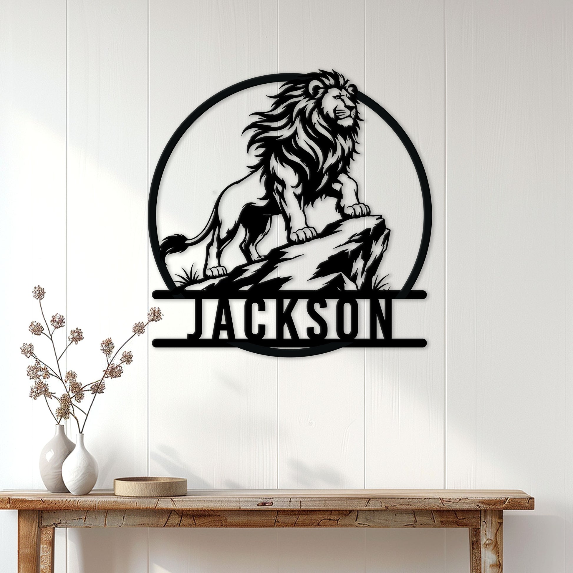 Custom lion metal sign displayed as statement wall decor in a bright home entryway