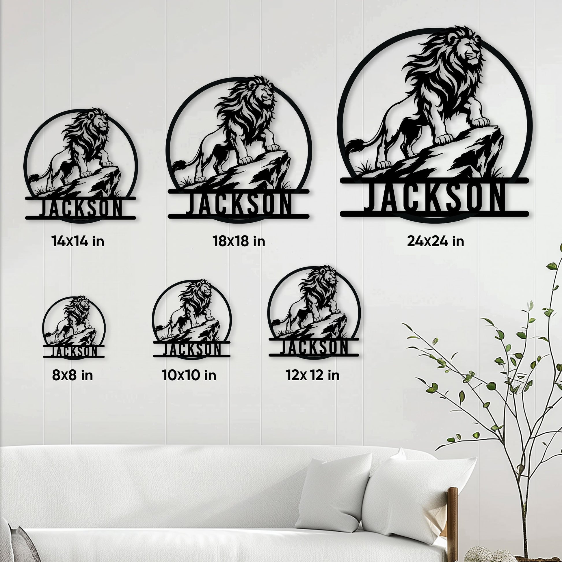 Lion metal sign size guide showing six available square dimensions from 8 by 8 to 24 by 24 inches