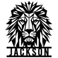 Bold geometric lion face metal sign with a dramatic mane and strong symmetrical wall decor design