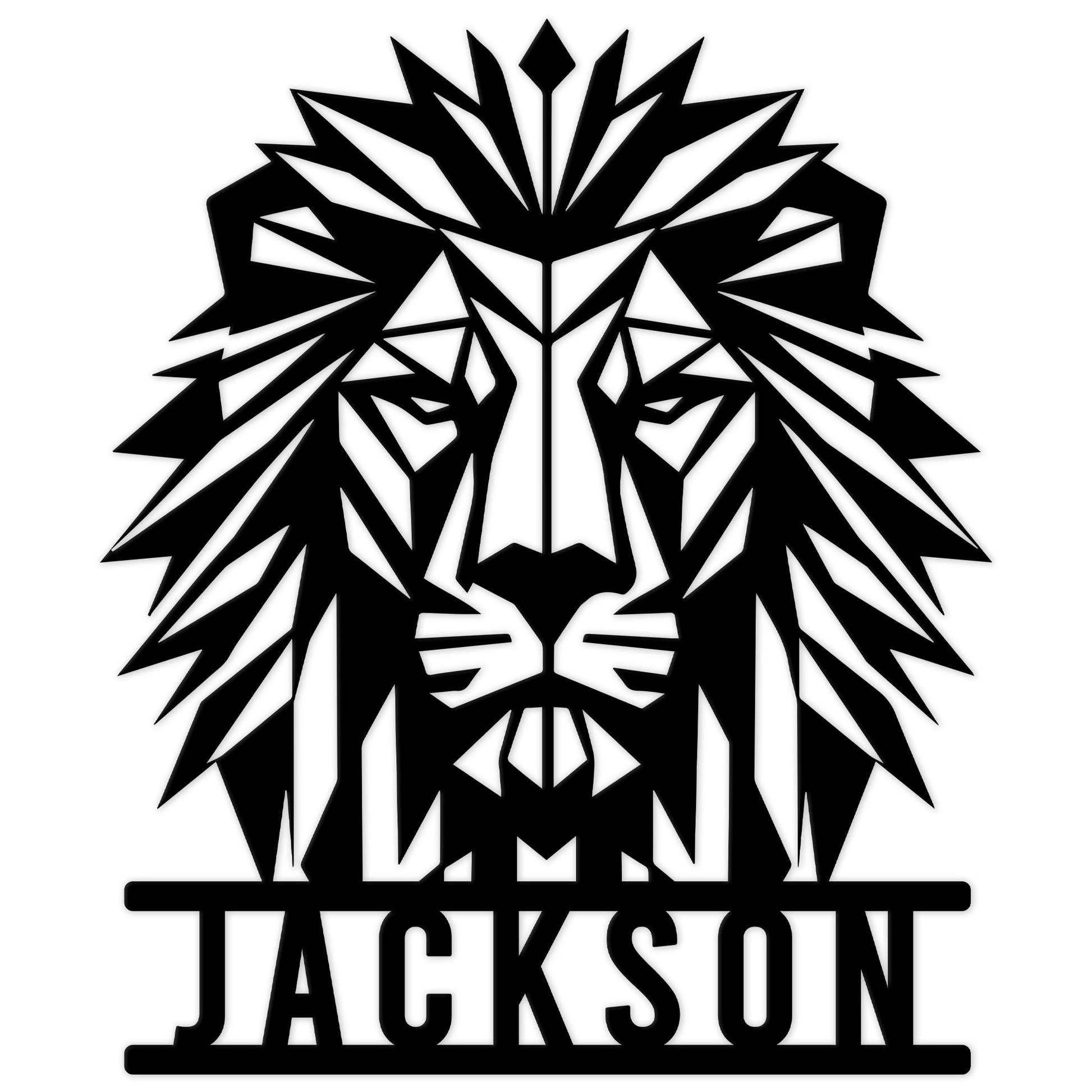 Bold geometric lion face metal sign with a dramatic mane and strong symmetrical wall decor design