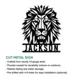 Lion metal sign feature graphic showing the cut-metal design and indoor or outdoor display options