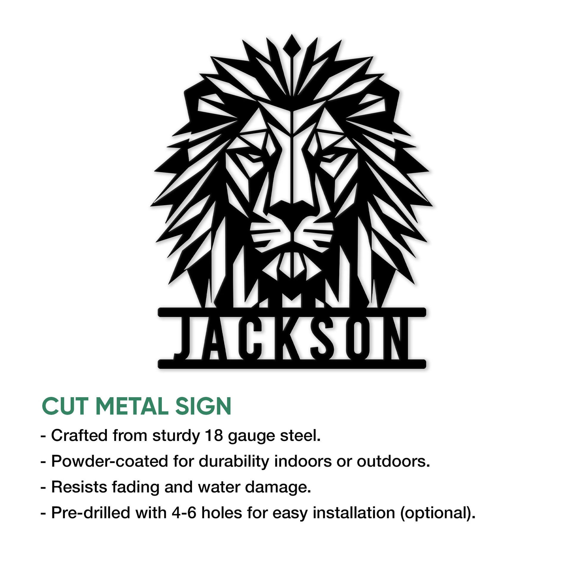 Lion metal sign feature graphic showing the cut-metal design and indoor or outdoor display options