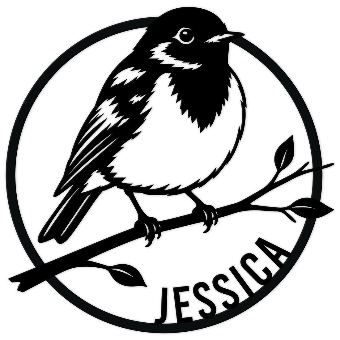 Custom robin metal sign featuring a bold black-and-white bird perched on a leafy branch