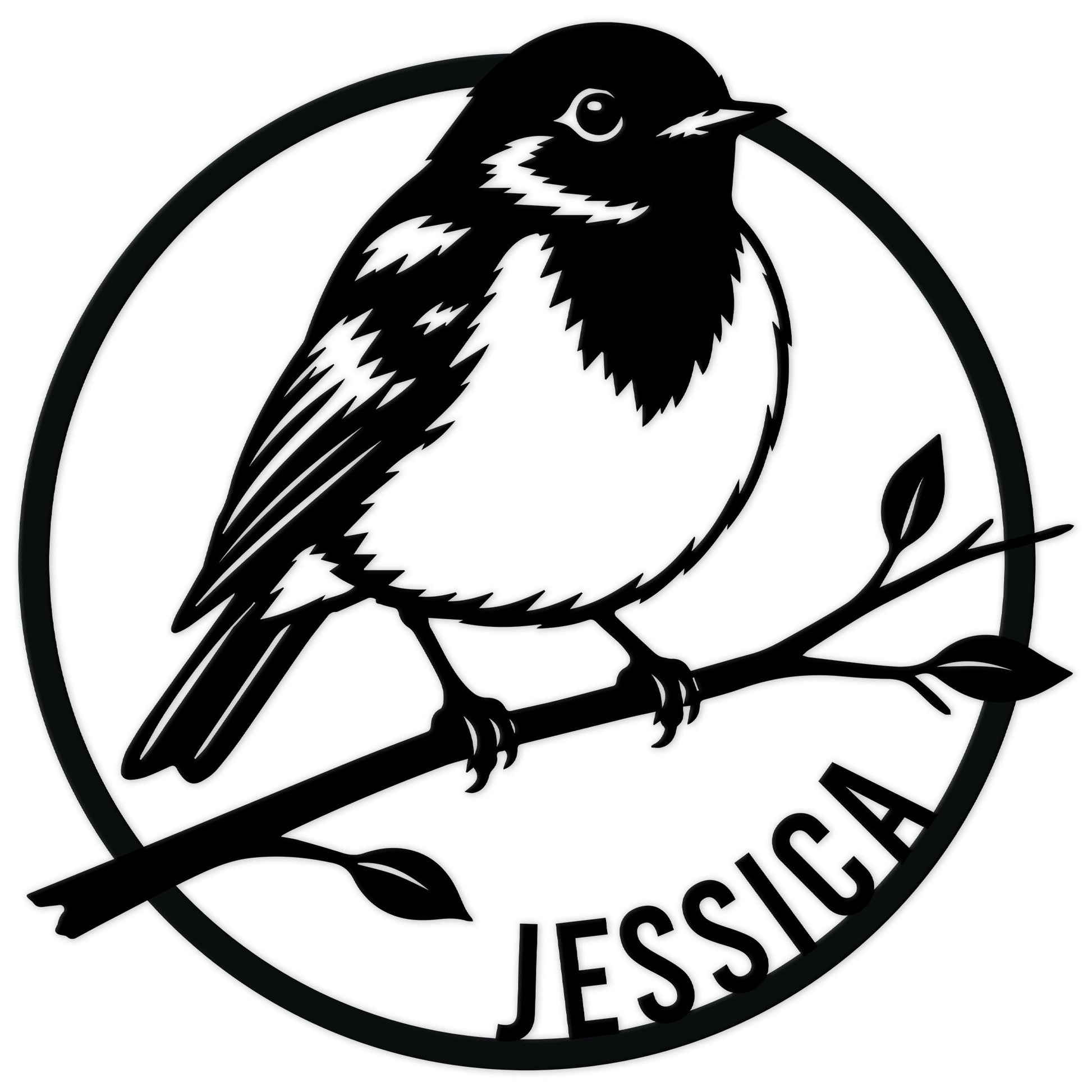 Custom robin metal sign featuring a bold black-and-white bird perched on a leafy branch
