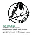 Robin metal sign artwork shown with a circular bird design and product feature information