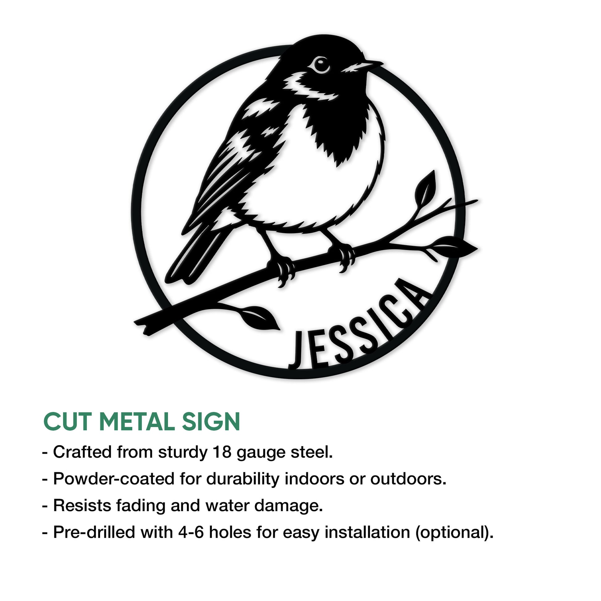 Robin metal sign artwork shown with a circular bird design and product feature information