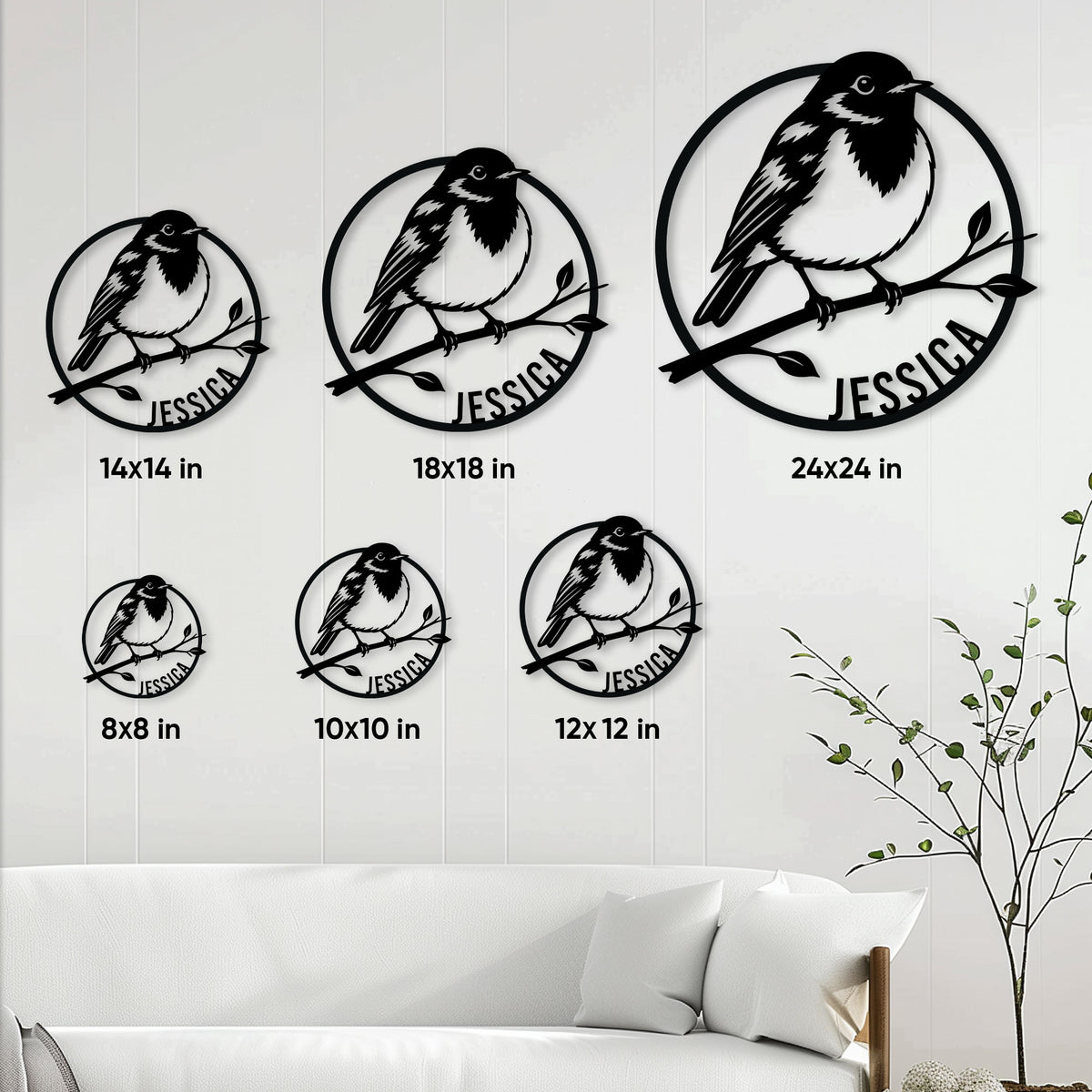 Robin metal sign size guide showing circular bird designs in six available square sizes