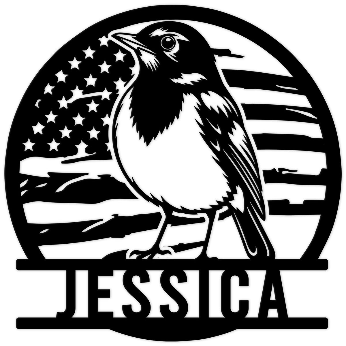 Black robin metal sign featuring a detailed bird silhouette against a patriotic American flag design